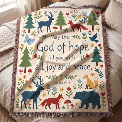 "God of Hope — Romans 15:13 Woodland Tapestry" Woven Blanket