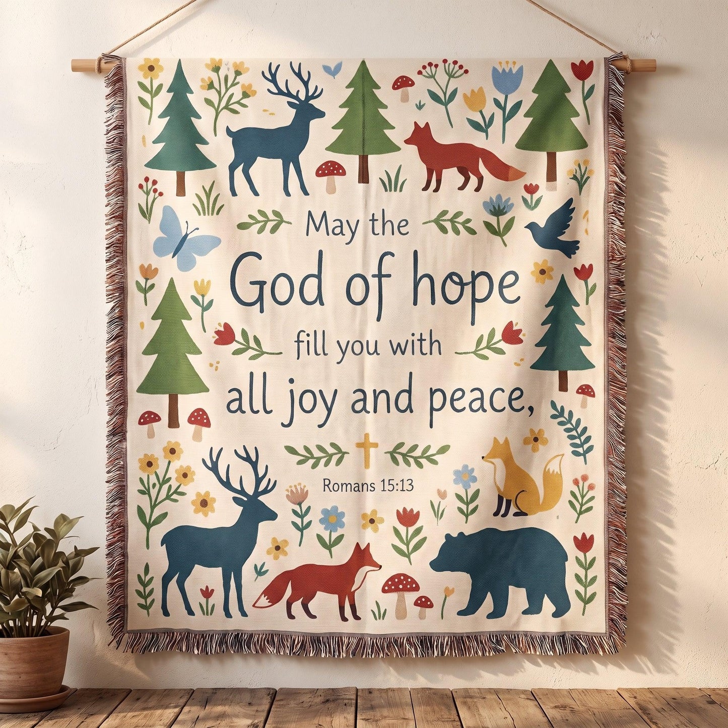 "God of Hope — Romans 15:13 Woodland Tapestry" Woven Blanket