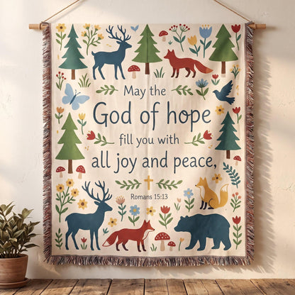 "God of Hope — Romans 15:13 Woodland Tapestry" Woven Blanket