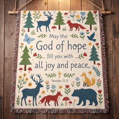 "God of Hope — Romans 15:13 Woodland Tapestry" Woven Blanket