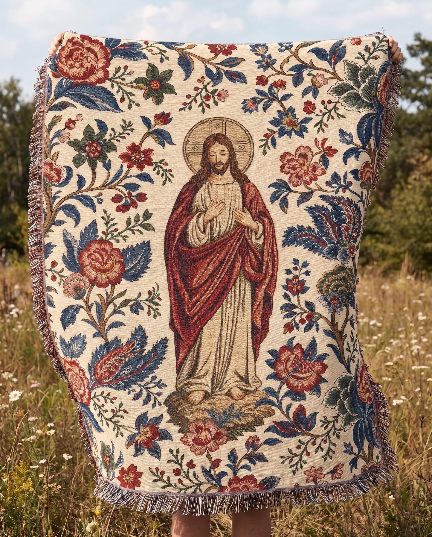"Sacred Heart of Jesus — Floral Portrait" Woven Blanket
