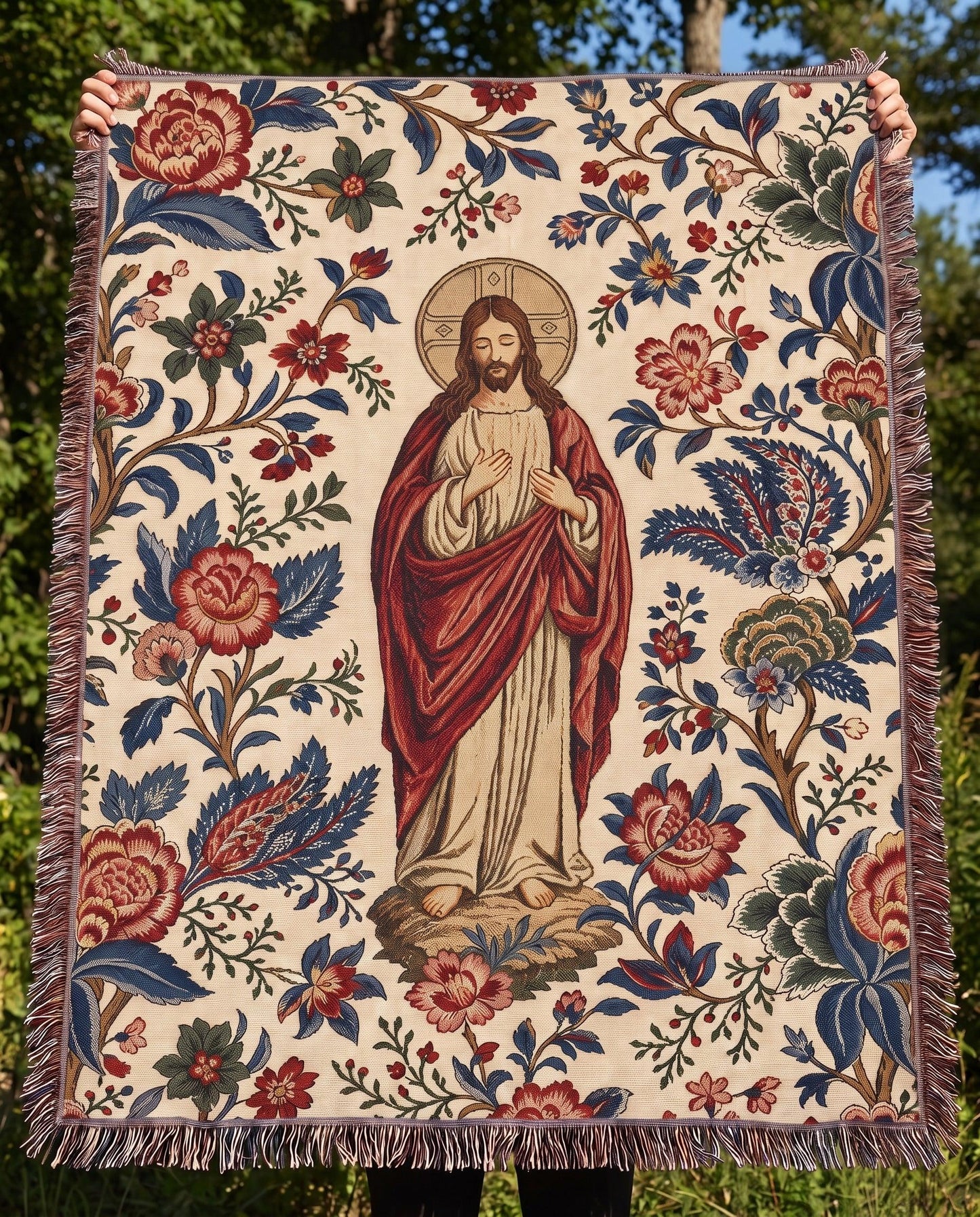 "Sacred Heart of Jesus — Floral Portrait" Woven Blanket