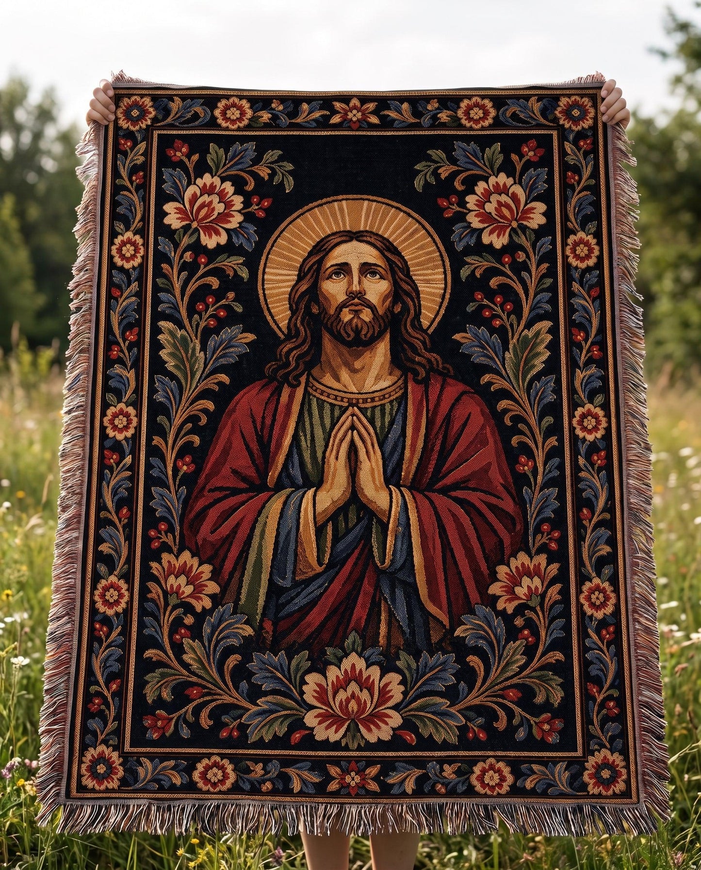 "Prayerful Savior — Ornamental Tapestry" Woven Blanket
