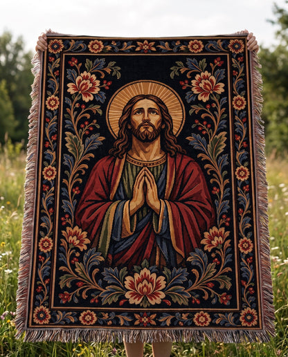 "Prayerful Savior — Ornamental Tapestry" Woven Blanket