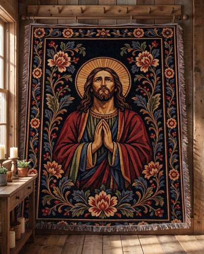 "Prayerful Savior — Ornamental Tapestry" Woven Blanket