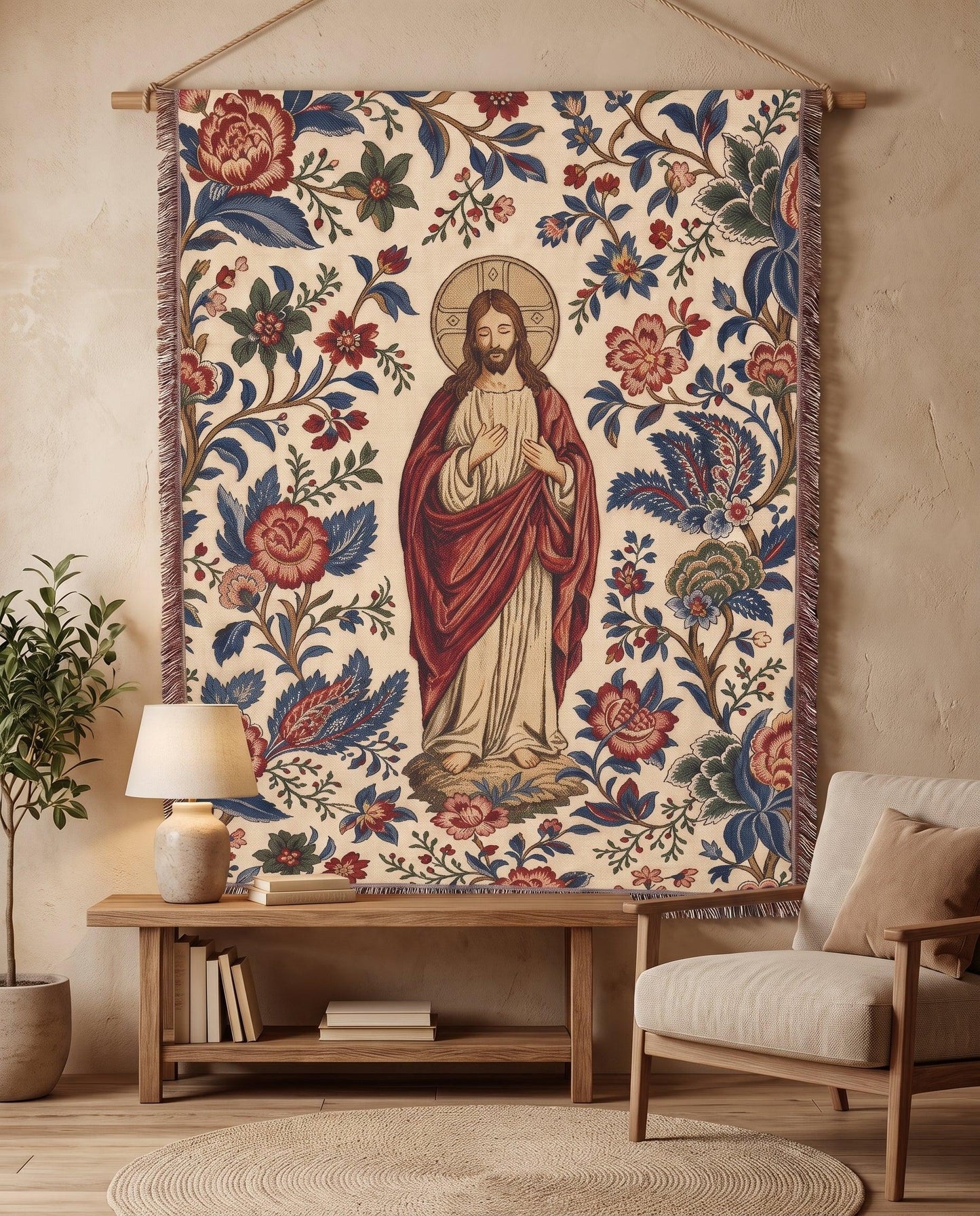 "Sacred Heart of Jesus — Floral Portrait" Woven Blanket