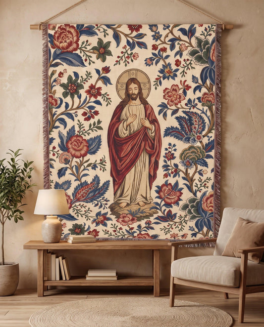 "Sacred Heart of Jesus — Floral Portrait" Woven Blanket