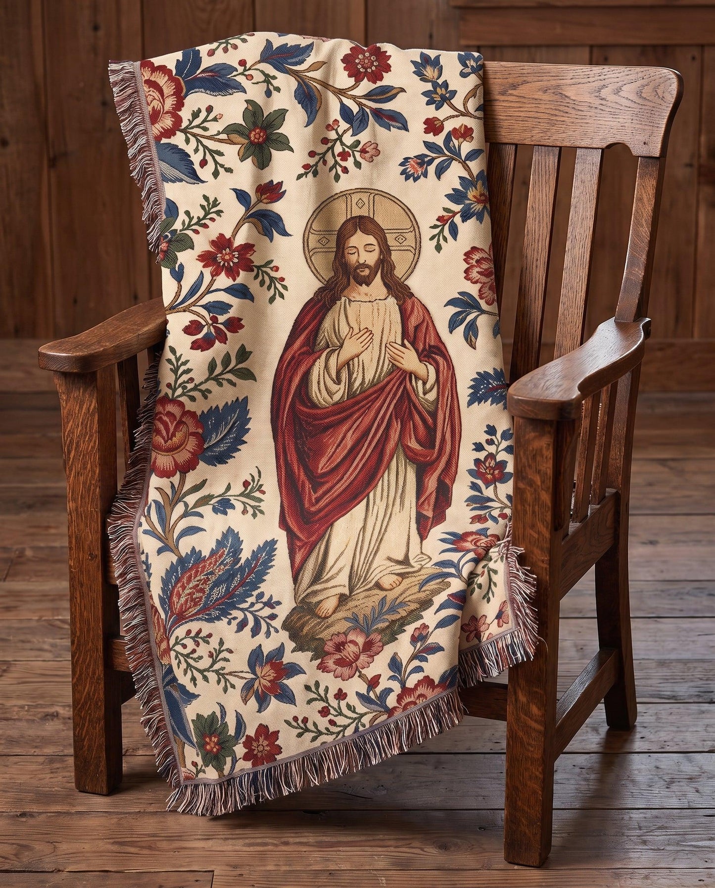 "Sacred Heart of Jesus — Floral Portrait" Woven Blanket