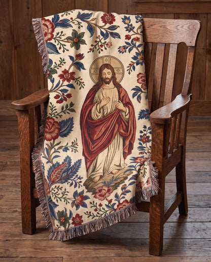 "Sacred Heart of Jesus — Floral Portrait" Woven Blanket
