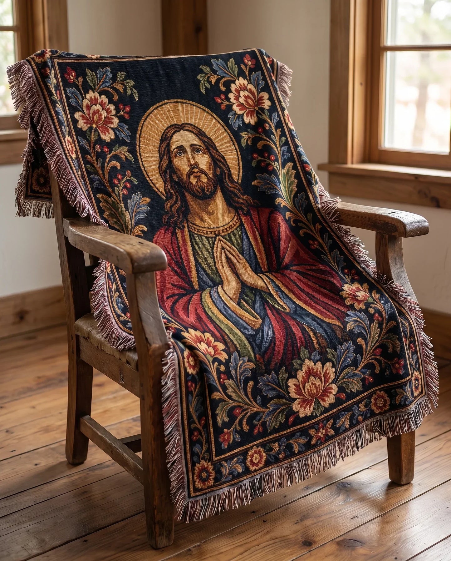 "Prayerful Savior — Ornamental Tapestry" Woven Blanket