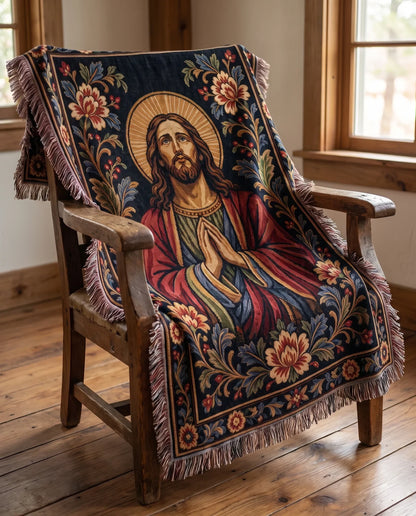 "Prayerful Savior — Ornamental Tapestry" Woven Blanket