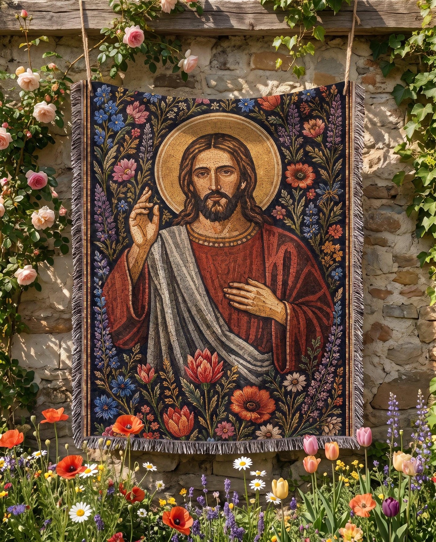 "Sacred Heart of Christ — Garden of Grace" Woven Blanket