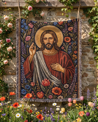 "Sacred Heart of Christ — Garden of Grace" Woven Blanket