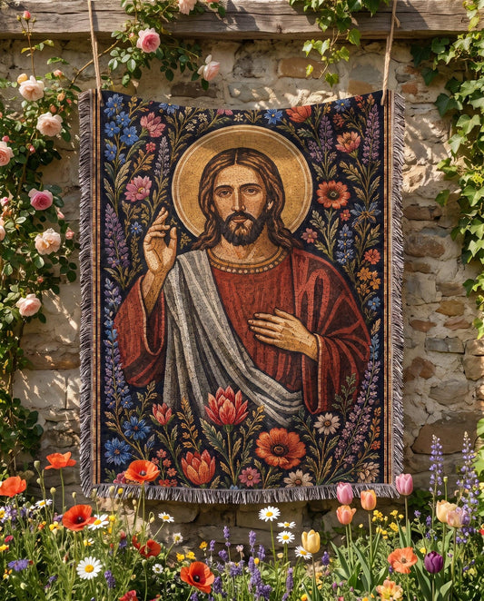 "Sacred Heart of Christ — Garden of Grace" Woven Blanket