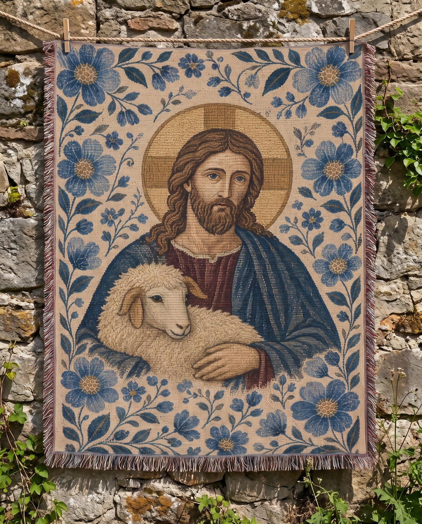 "Good Shepherd of Grace — Blue Garden" Woven Blanket
