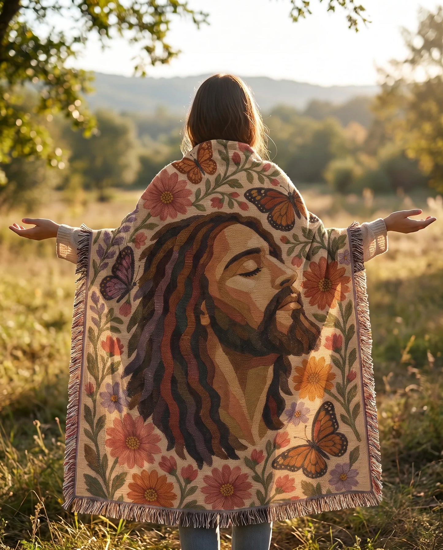 "Grace in Bloom — Jesus Butterfly Garden" Woven Blanket