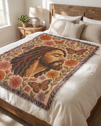 "Grace in Bloom — Jesus Butterfly Garden" Woven Blanket
