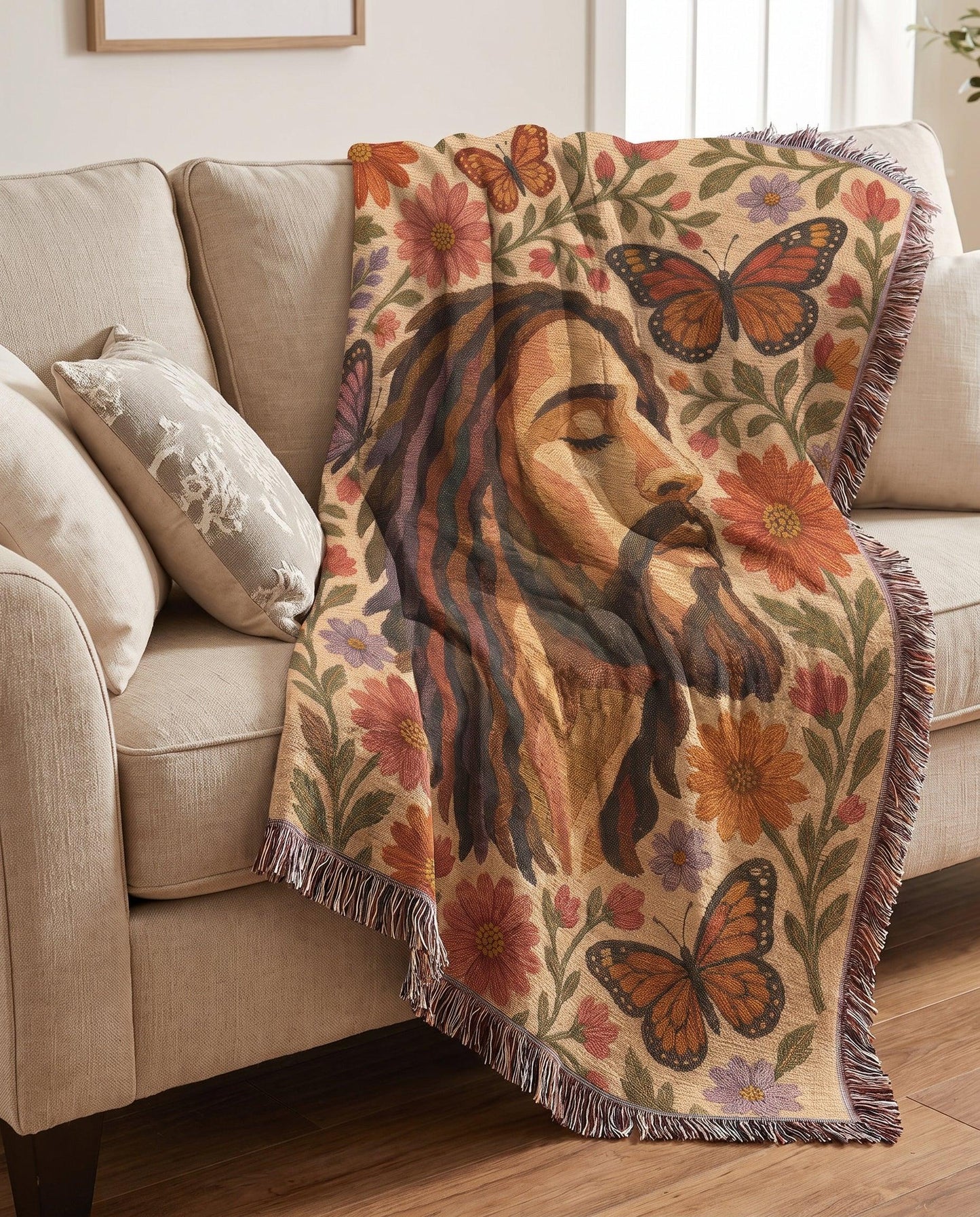 "Grace in Bloom — Jesus Butterfly Garden" Woven Blanket