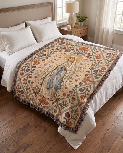 "Our Lady of the Rosary — Garden Portrait" Woven Blanket