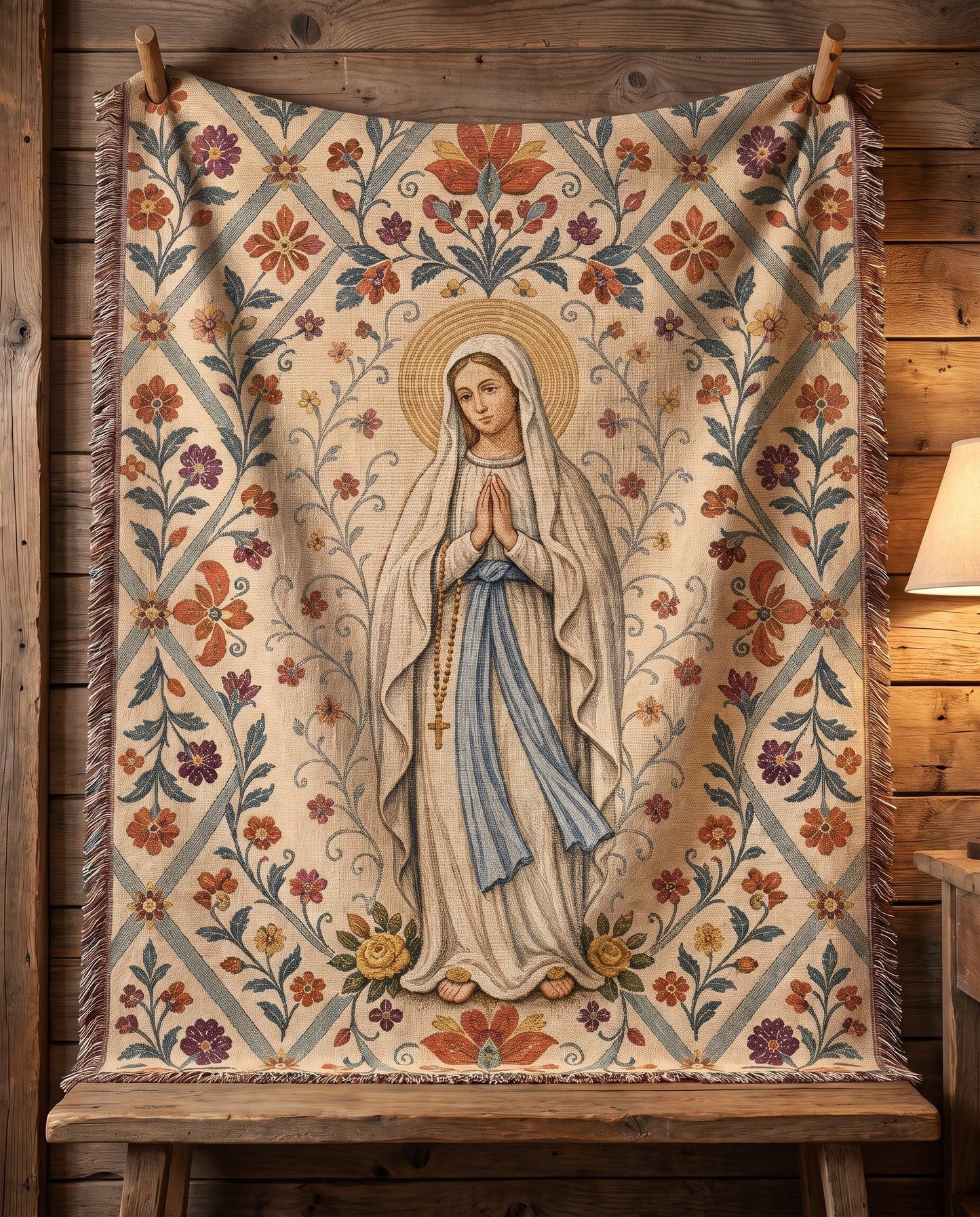 "Our Lady of the Rosary — Garden Portrait" Woven Blanket