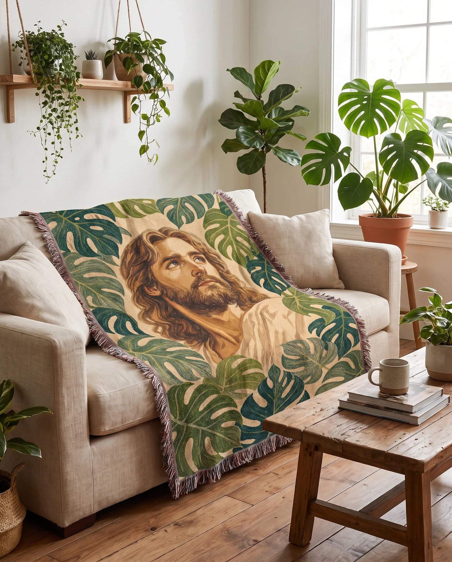 "Christ Among the Leaves — Tropical Monstera" Woven Blanket