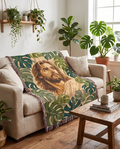 "Christ Among the Leaves — Tropical Monstera" Woven Blanket