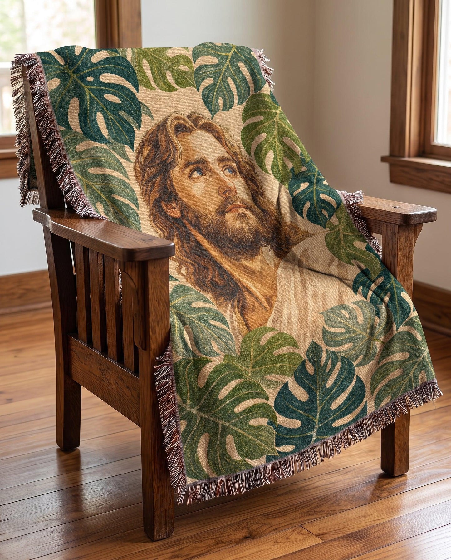 "Christ Among the Leaves — Tropical Monstera" Woven Blanket