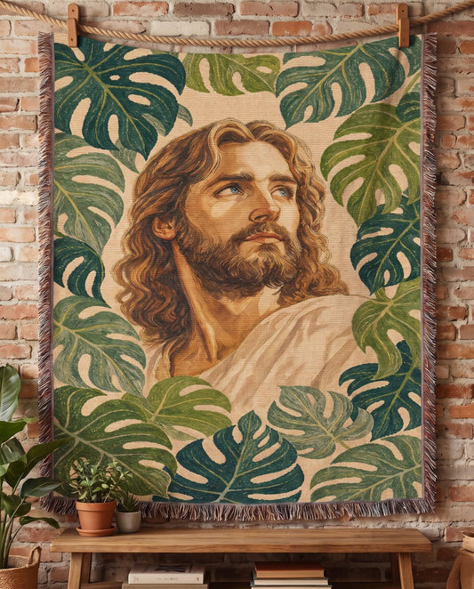 "Christ Among the Leaves — Tropical Monstera" Woven Blanket