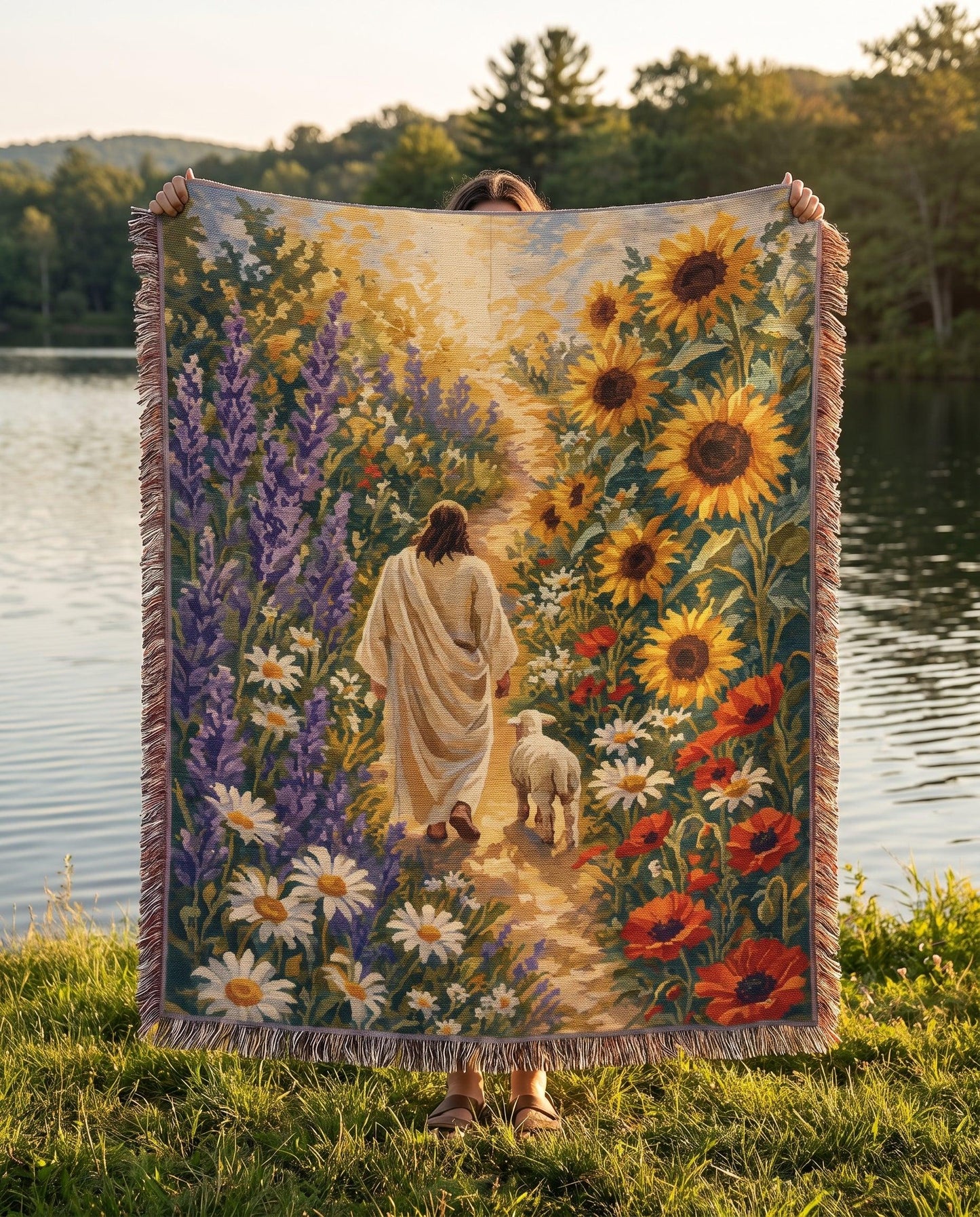 "Beside Still Waters — Jesus and the Lamb" Woven Blanket