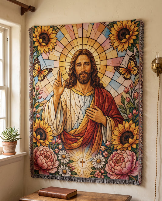 "Radiant Savior — Stained Glass Jesus" Woven Blanket