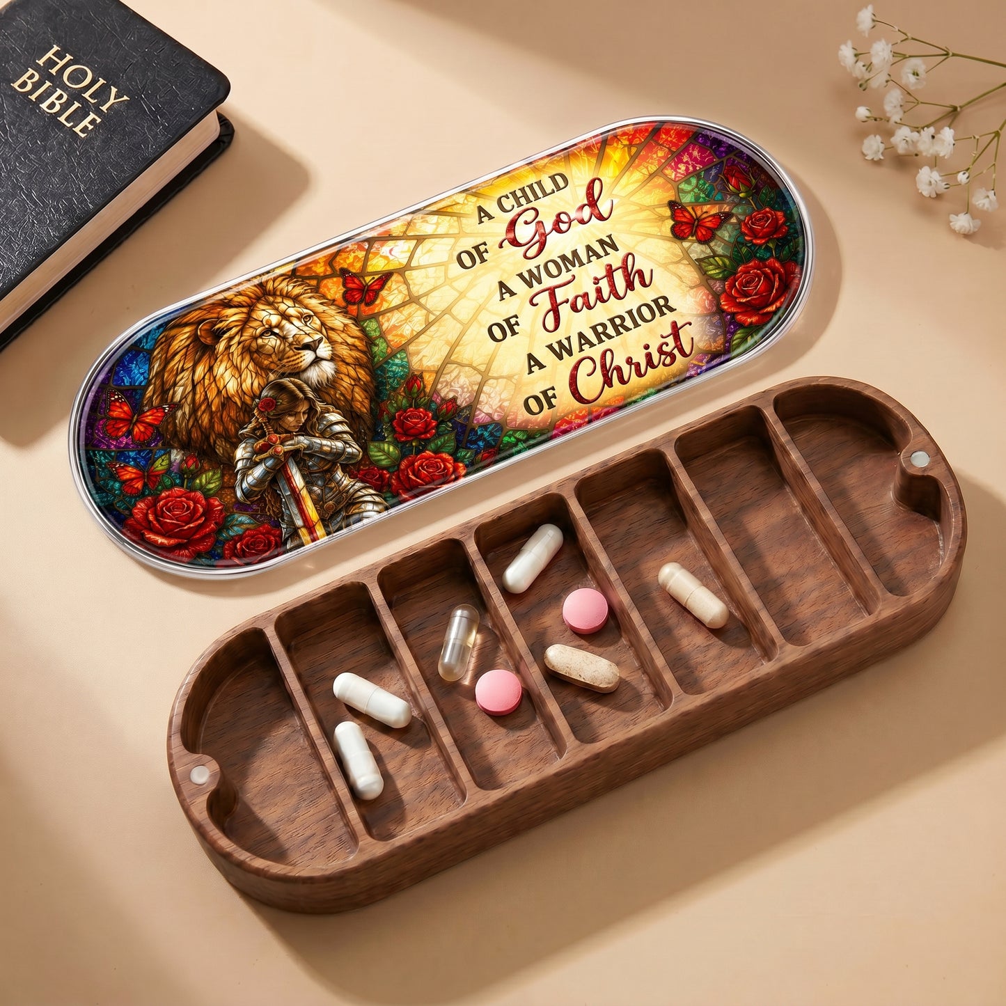 A Child of God, A Woman of Faith, A Warrior of Christ Pill Organizer
