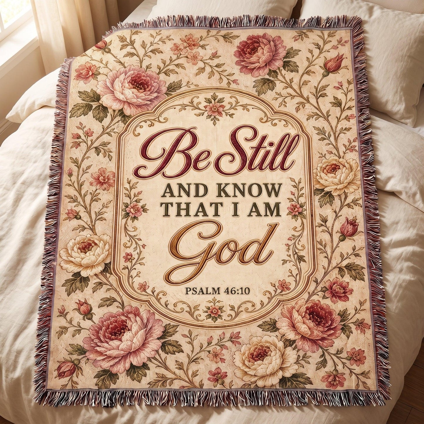 "Be Still — Psalm 46:10 Vintage Floral" Woven Blanket