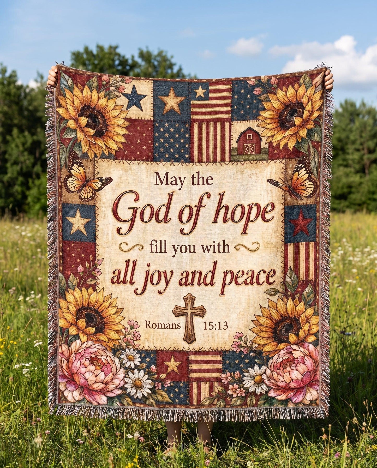 "God of Hope — Romans 15:13 Patriotic Patchwork" Woven Blanket