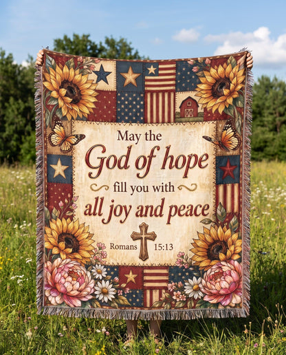 "God of Hope — Romans 15:13 Patriotic Patchwork" Woven Blanket