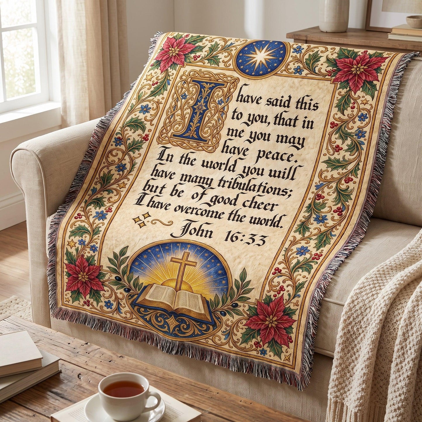 "I Have Overcome the World — John 16:33 Illuminated Manuscript" Woven Blanket
