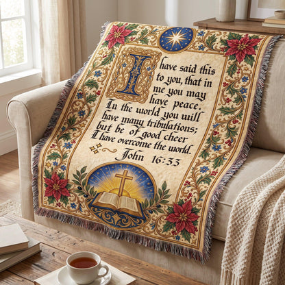 "I Have Overcome the World — John 16:33 Illuminated Manuscript" Woven Blanket