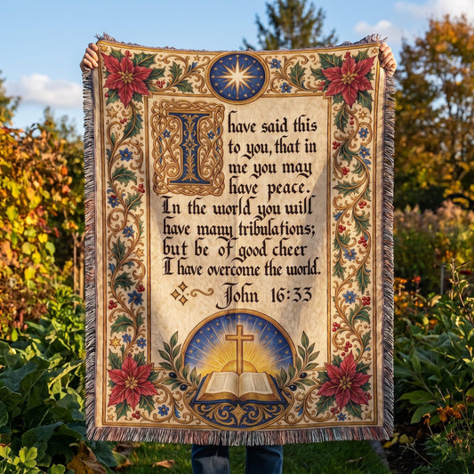 "I Have Overcome the World — John 16:33 Illuminated Manuscript" Woven Blanket