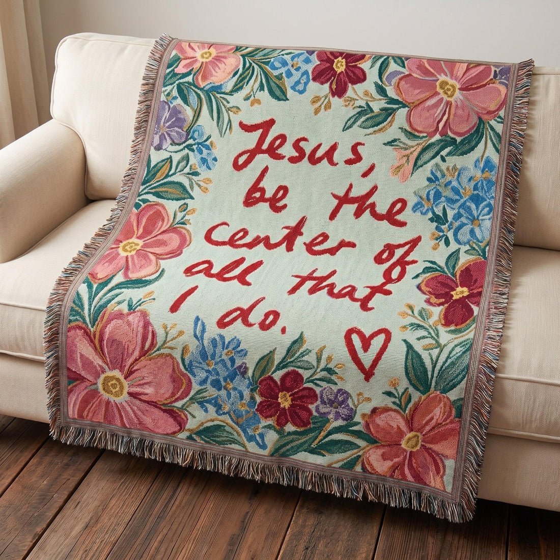 Jesus Be the Center of All That I Do Floral Woven Blanket