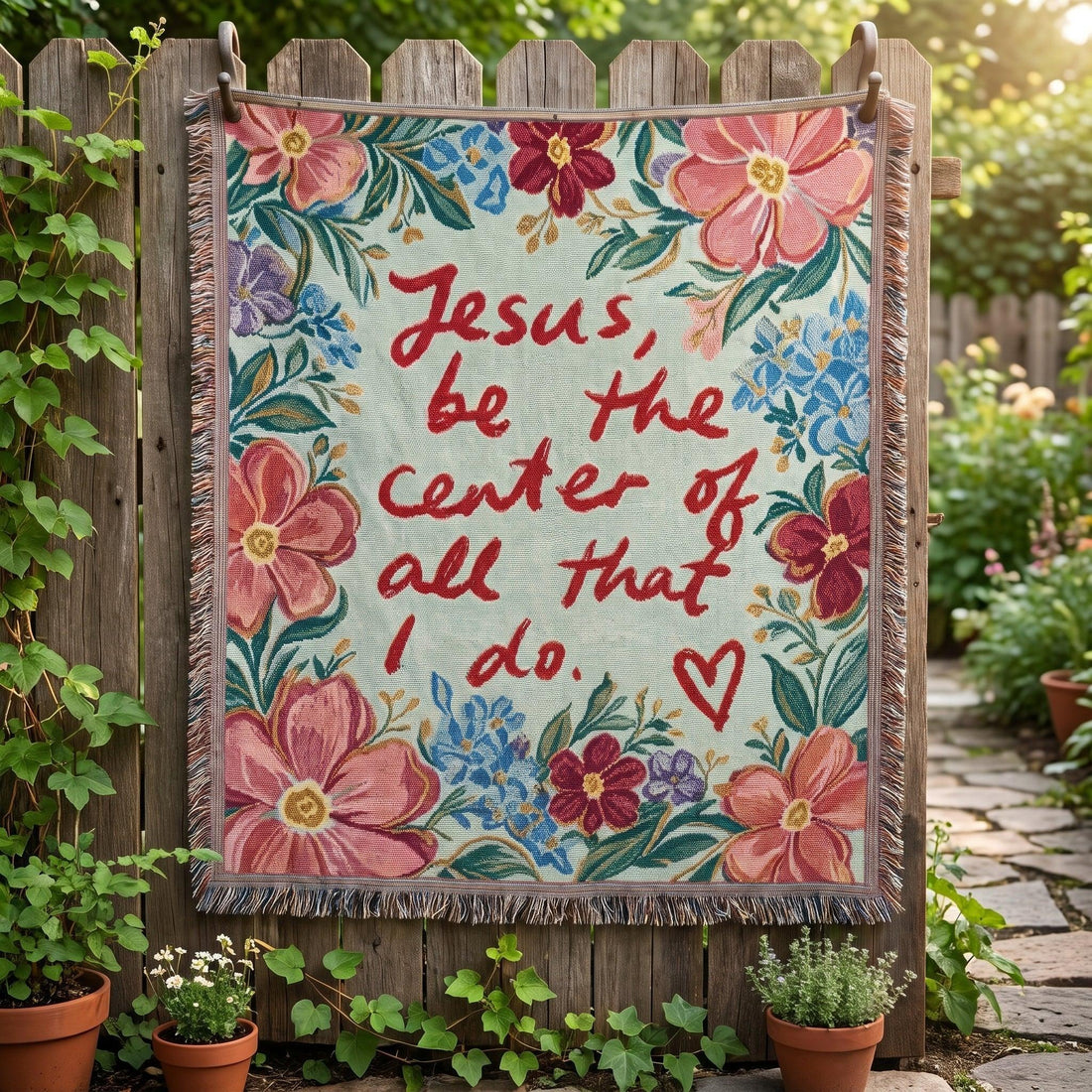 Jesus Be the Center of All That I Do Floral Woven Blanket