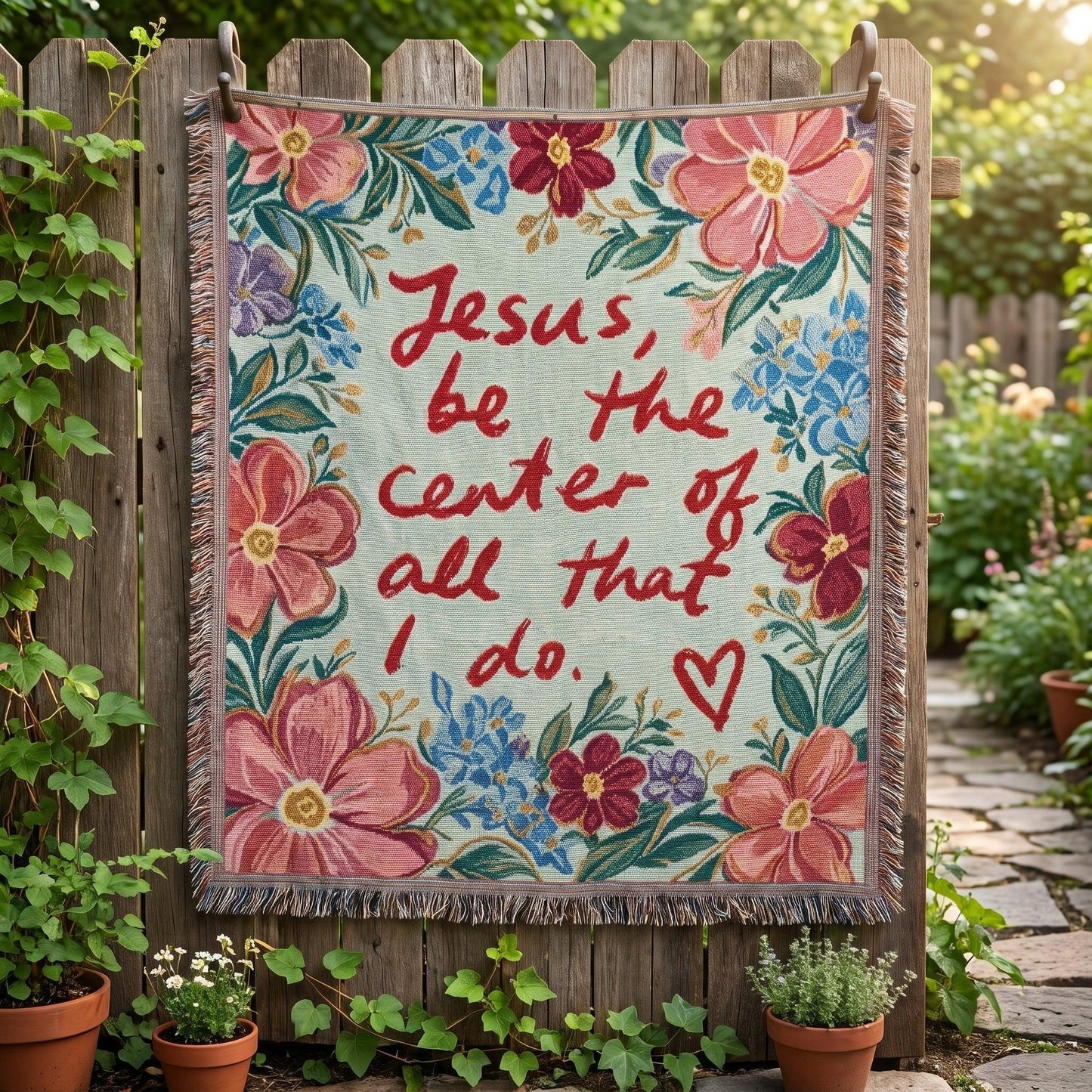 Jesus Be the Center of All That I Do Floral Woven Blanket