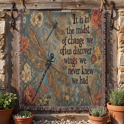 "In the Midst of Change — Dragonfly Botanical" Woven Blanket