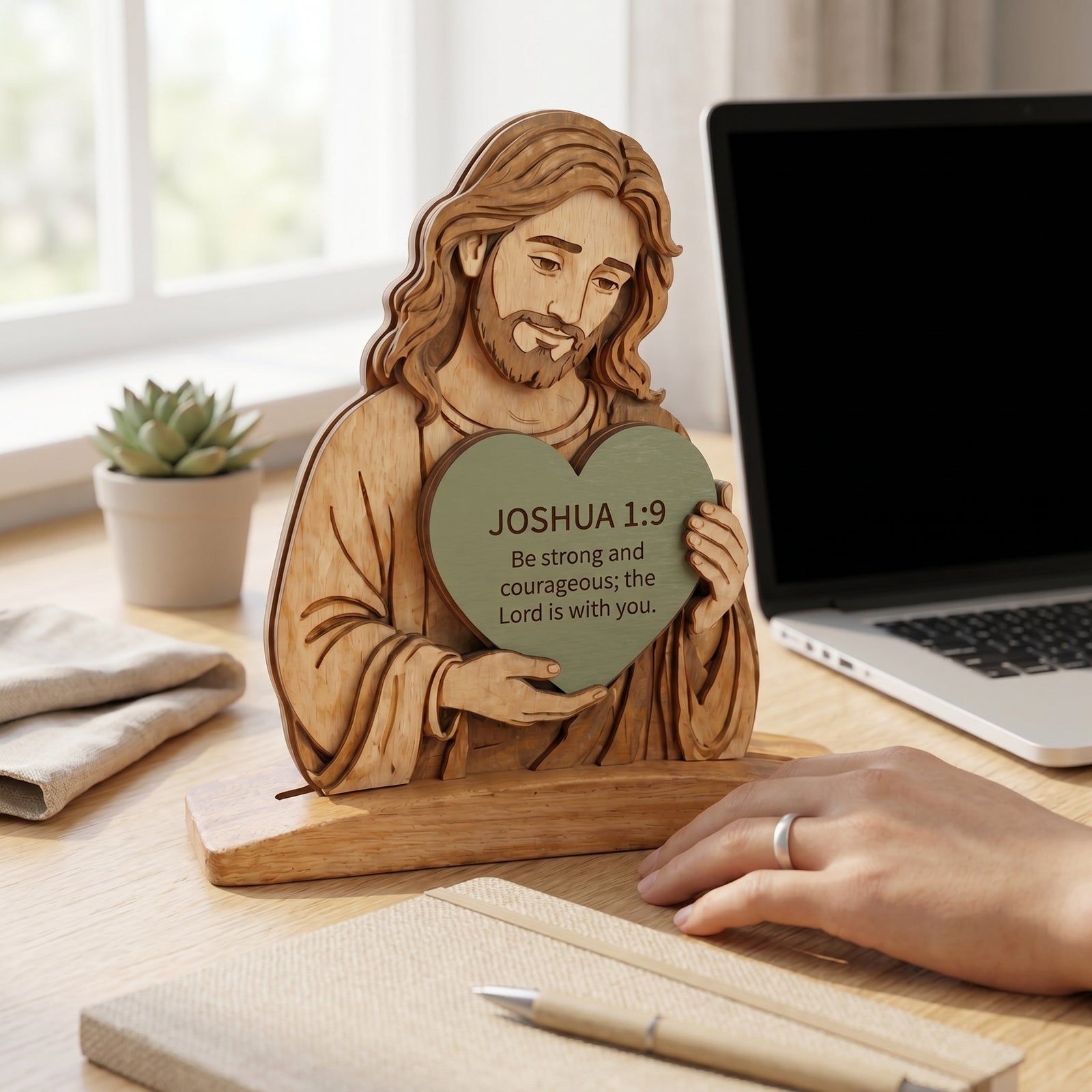 Clean work desk with notebook, cup, plant, and daily Scripture encouragement decor