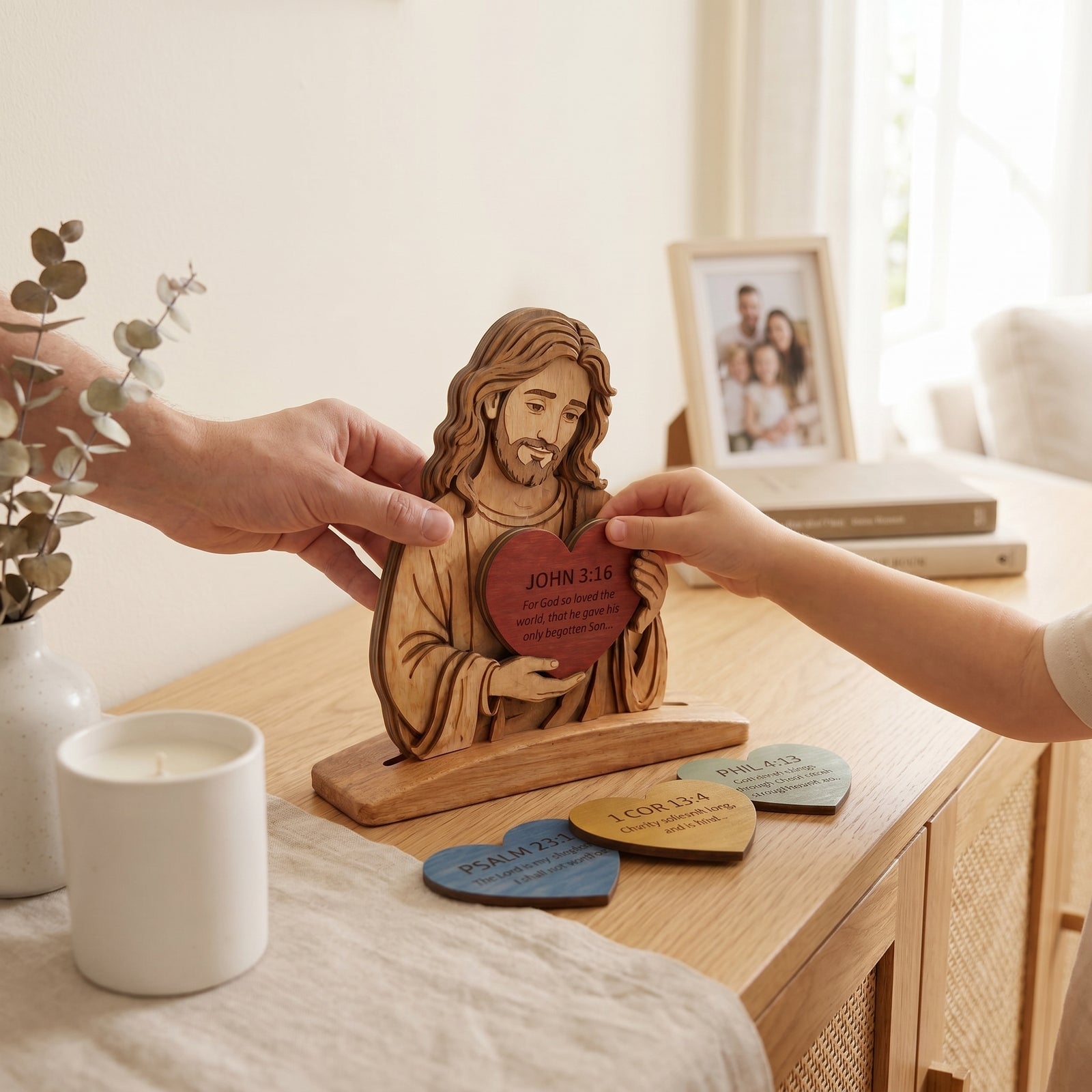 Bright devotional prayer corner with chair, small table, Bible, candle, and cross
