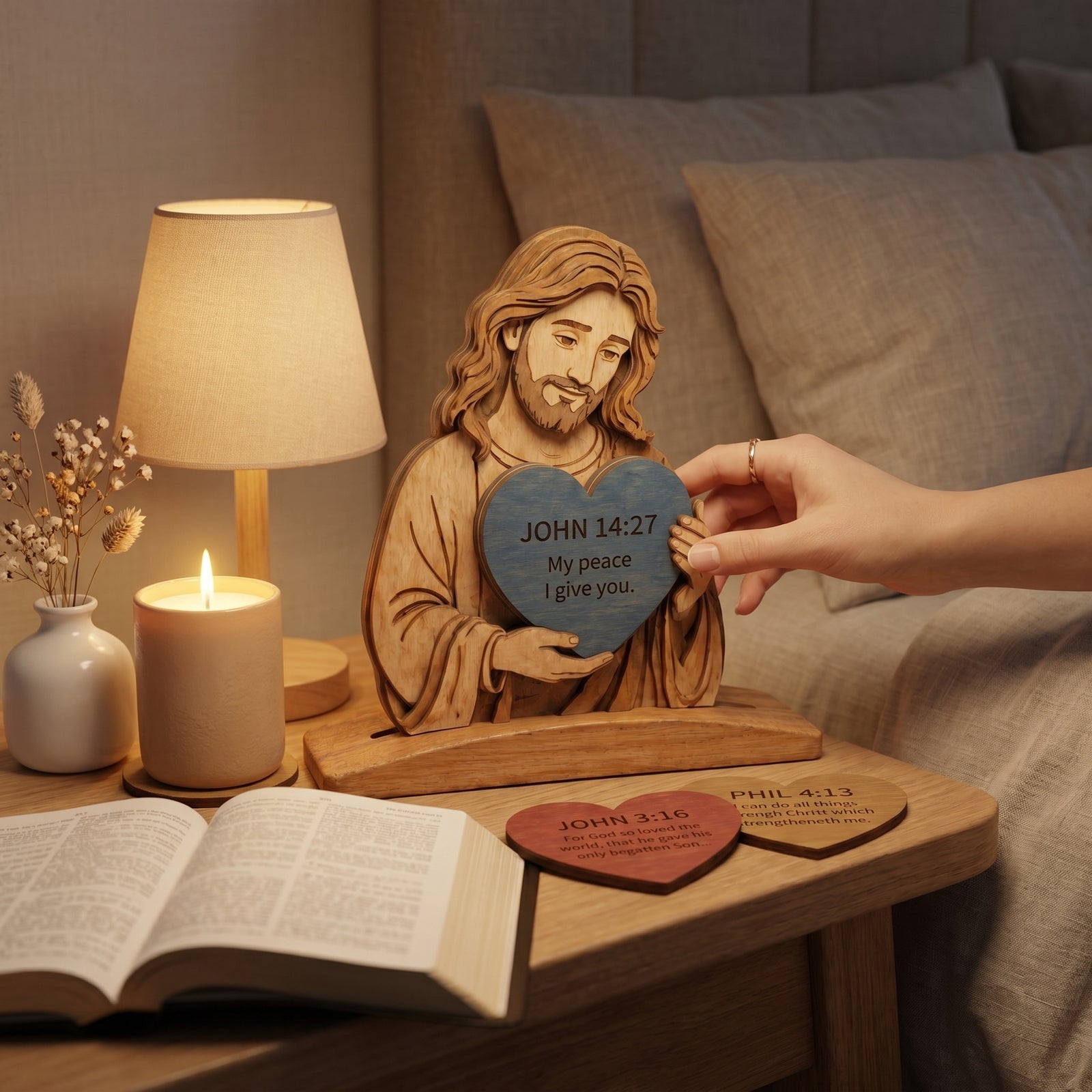 Living room family shelf with family photo, books, and hands placing a heart