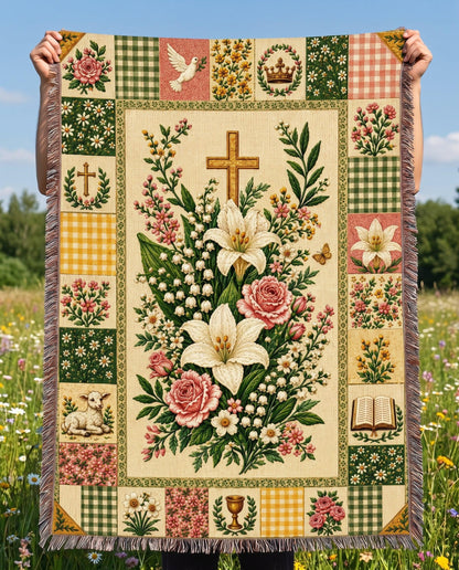 Easter Cross Floral Patchwork Woven Blanket