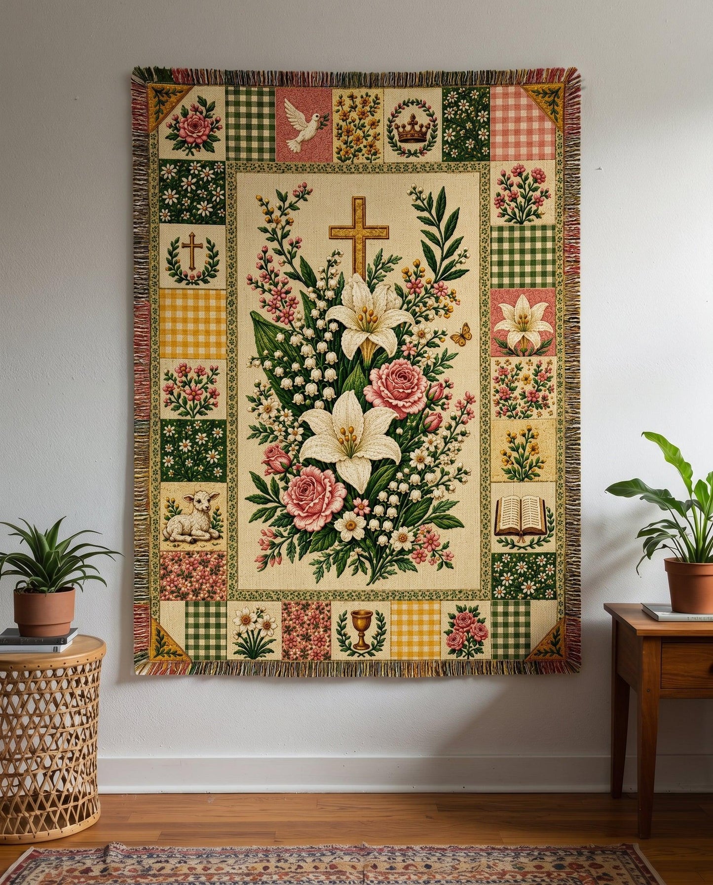Easter Cross Floral Patchwork Woven Blanket