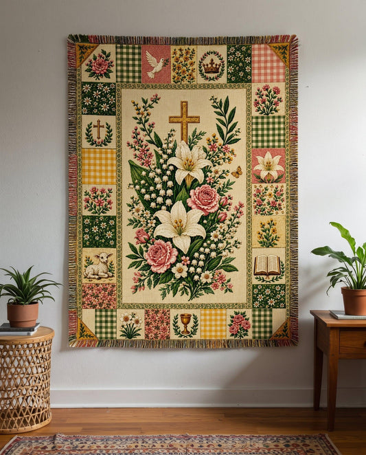 Easter Cross Floral Patchwork Woven Blanket
