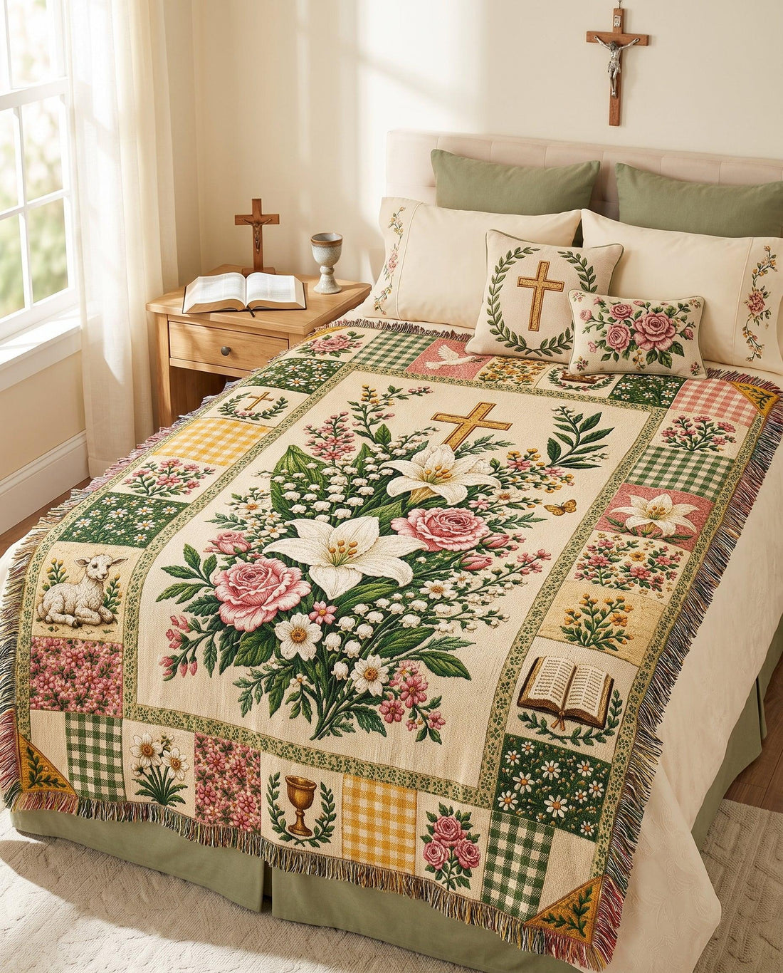 Easter Cross Floral Patchwork Woven Blanket