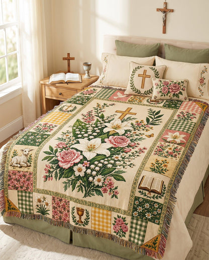 Easter Cross Floral Patchwork Woven Blanket
