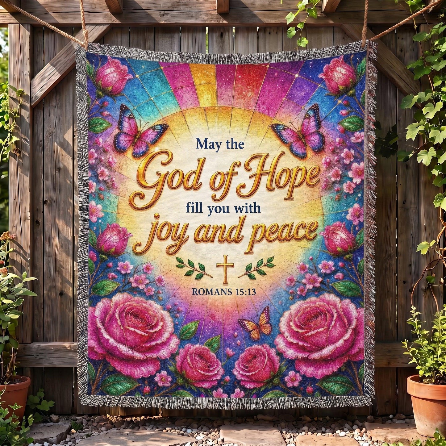 God of Hope - Romans 15:13 Rose Stained Glass Woven Blanket